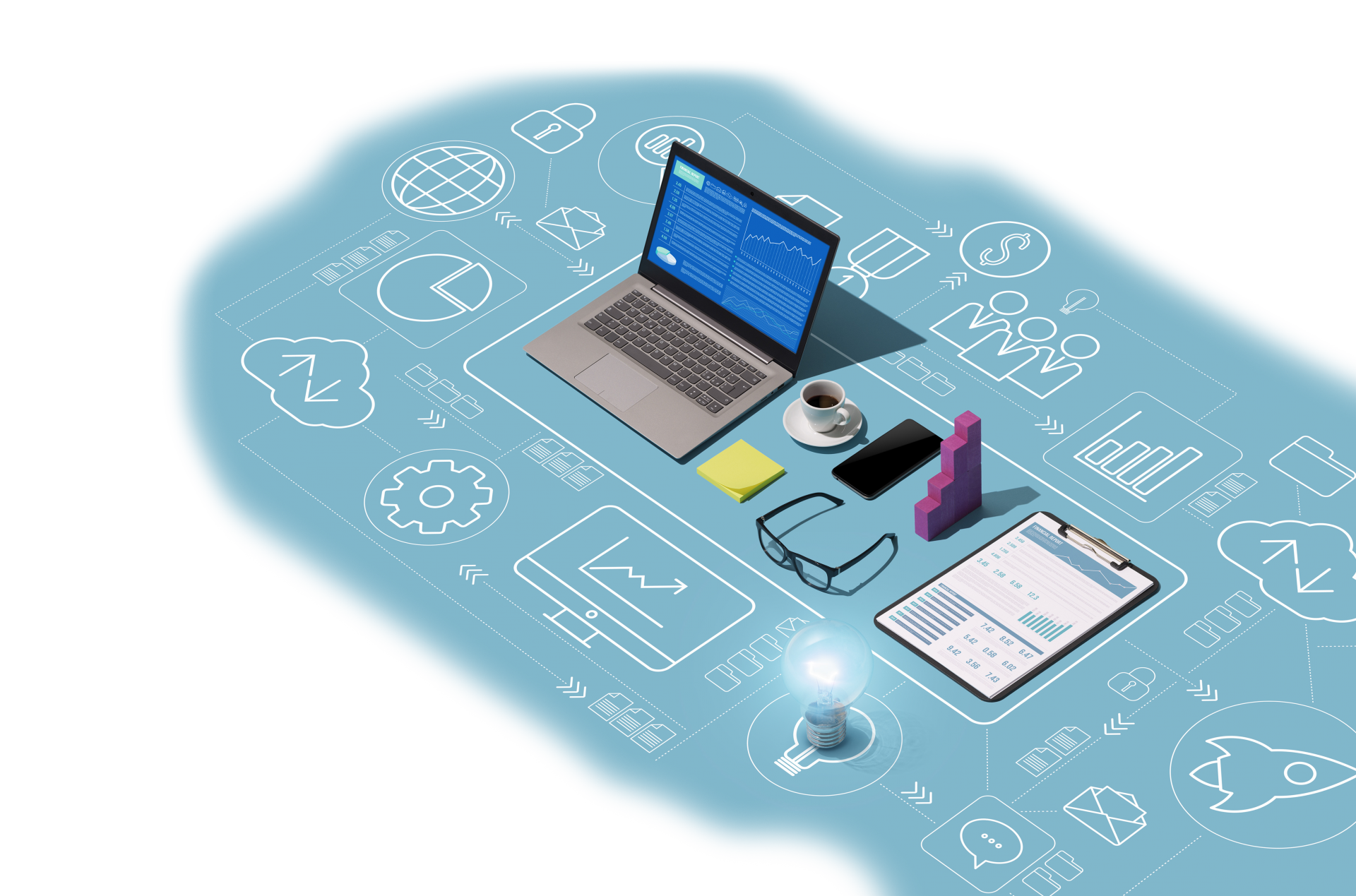 IT-Arbeitsplatz mit Laptop und Cloud-Services